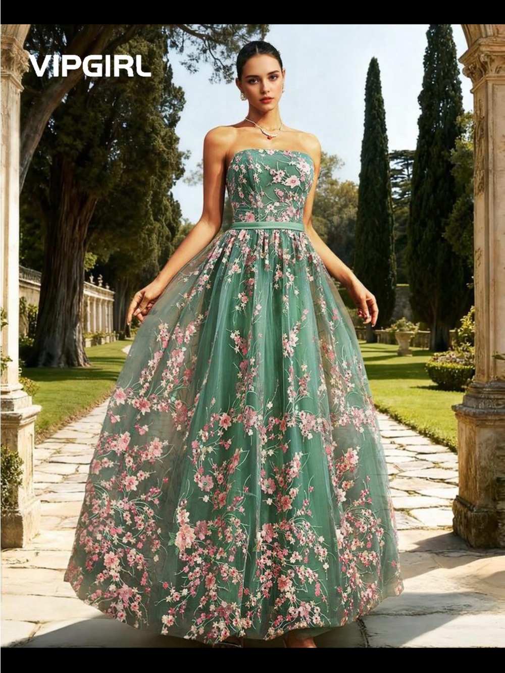 Green Floral Embroidered Tulle Gown